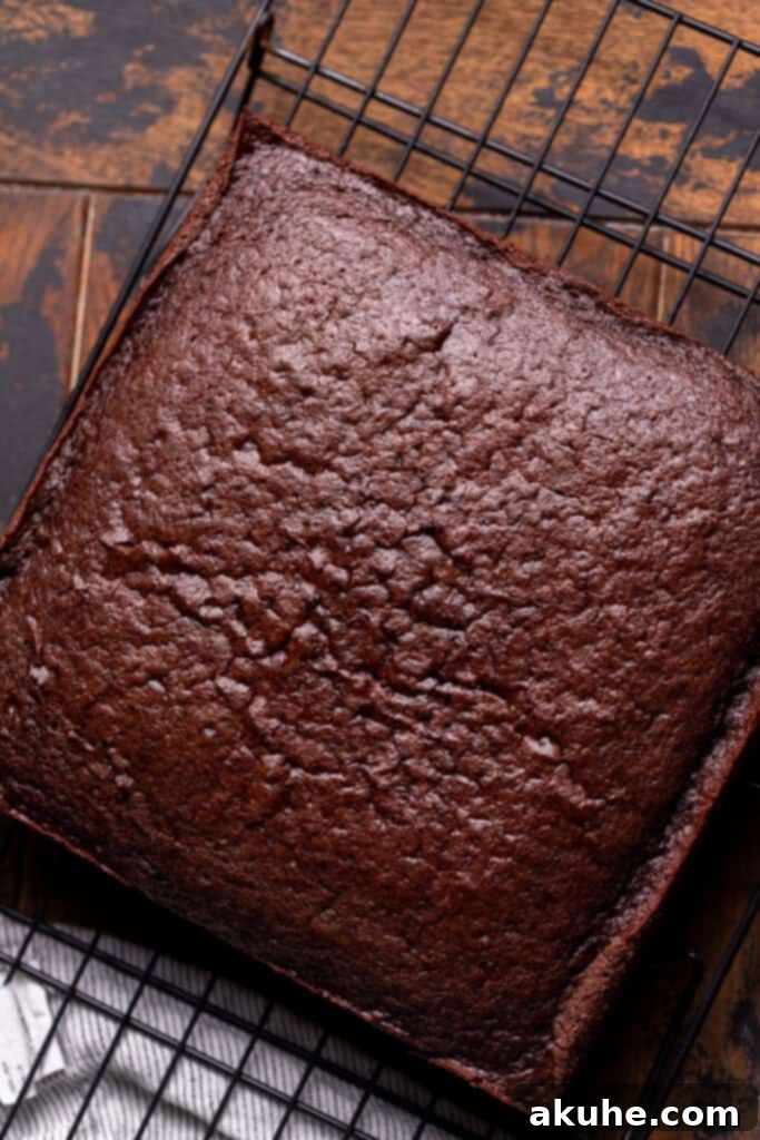 Decadent Butterfinger Crunch Cake 6 Freshly baked chocolate cake cooling on a wire rack, with its slightly domed top.