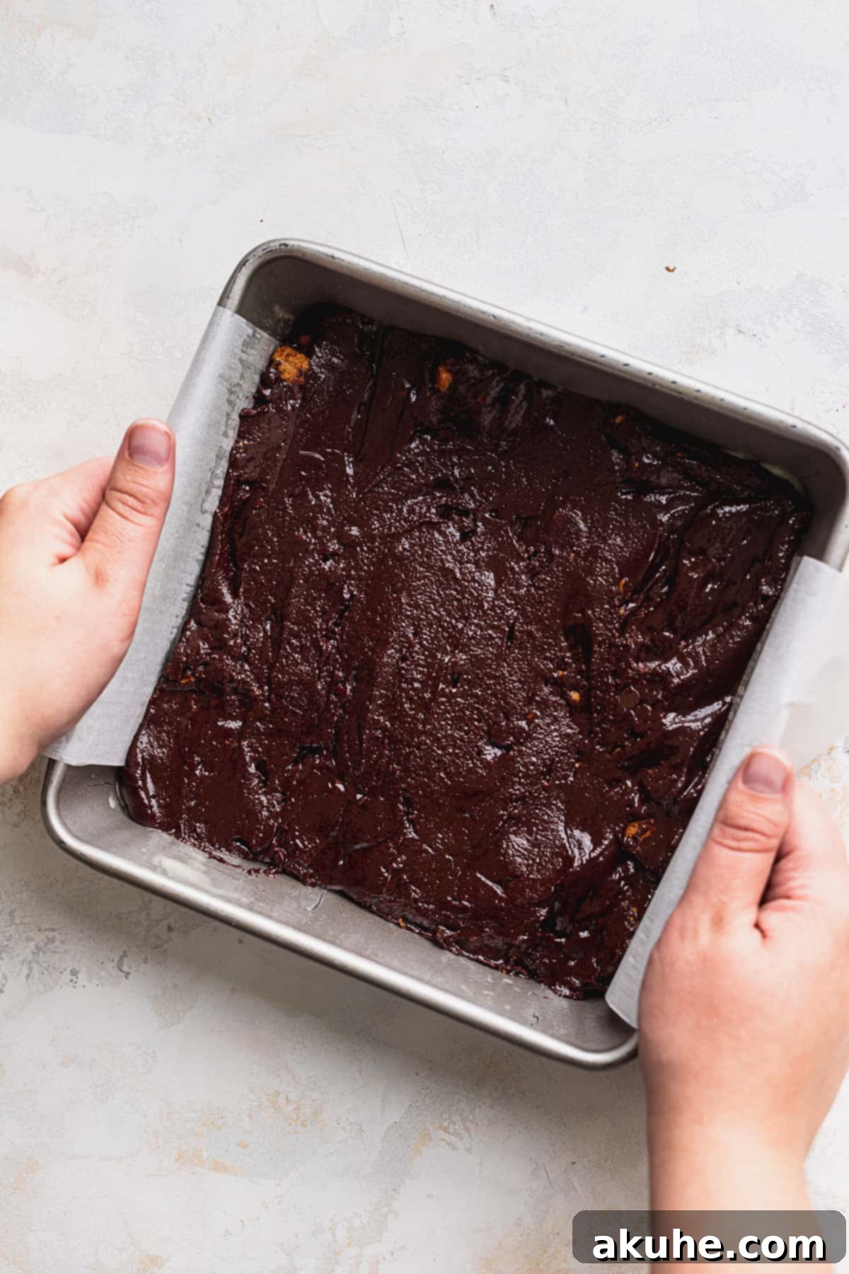Fudgy Biscoff Swirl Brownies 7 Brownie batter in pan.