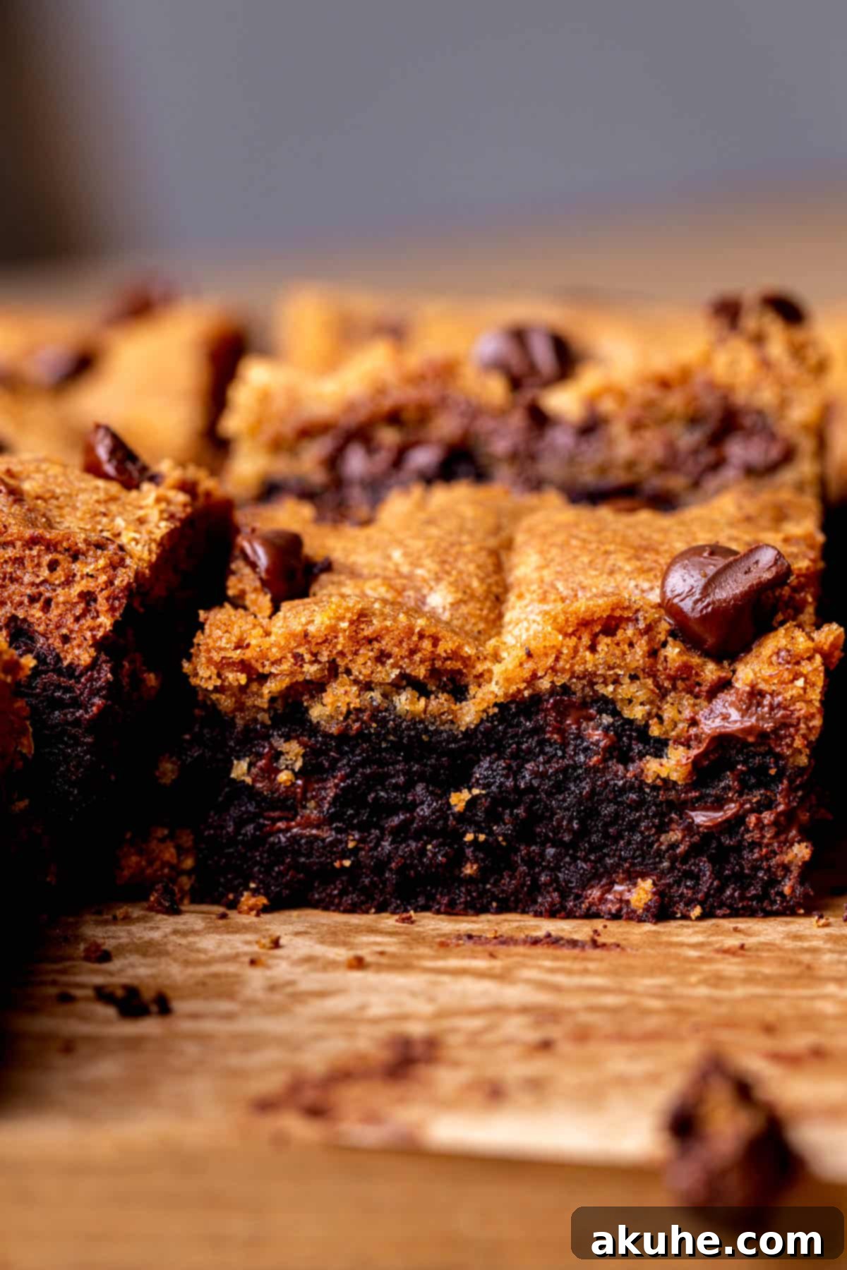 Hybrid Water Jewels 2 Side view of fudgy brookie bars with distinct layers.