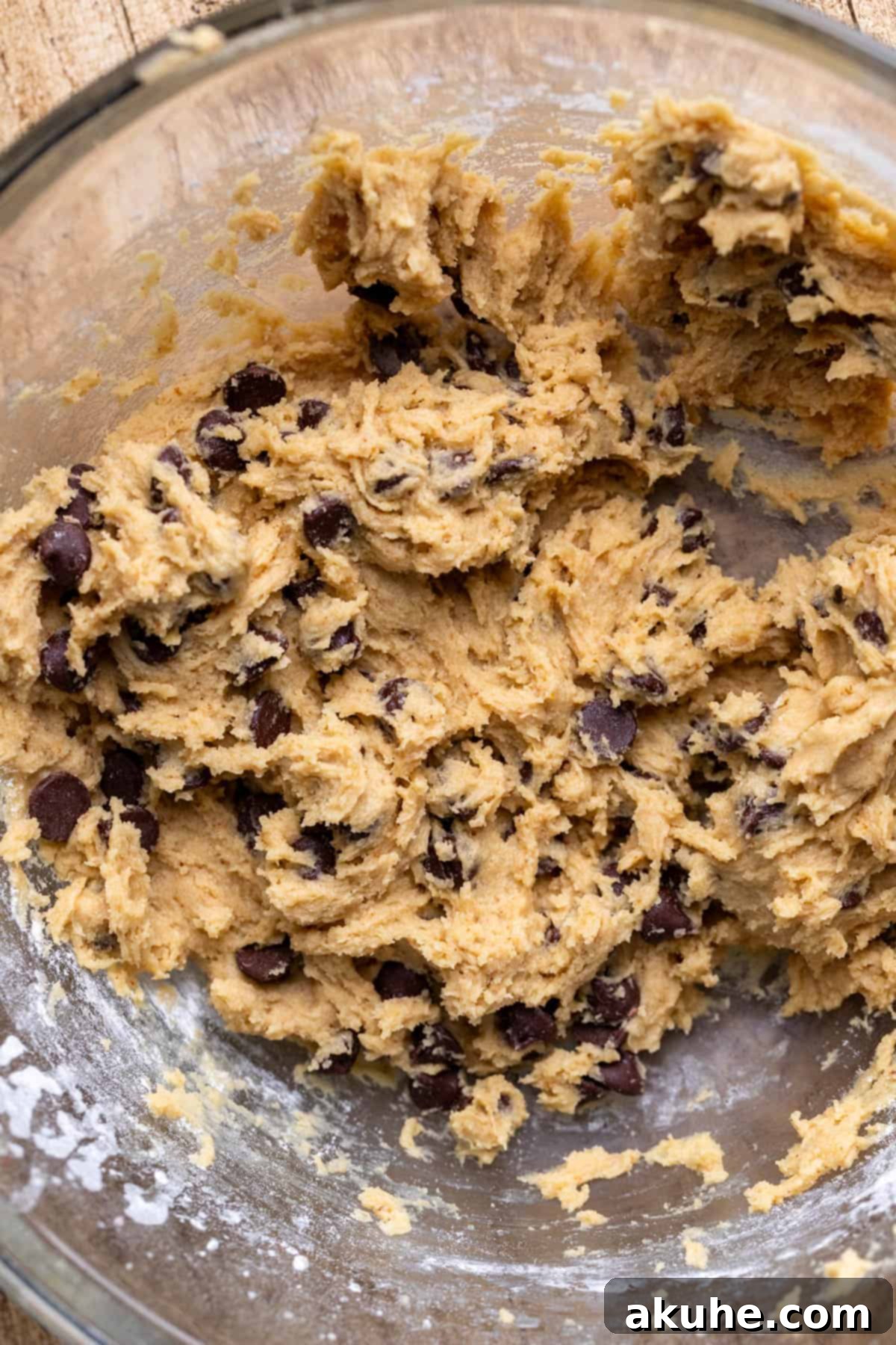 Hybrid Water Jewels 5 Finished brown butter chocolate chip cookie dough in a glass bowl.