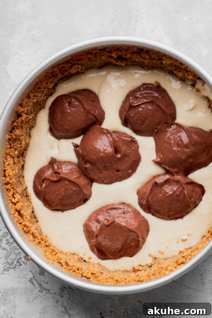 Half of the brown sugar cheesecake batter spread over the crust, with dollops of chocolate cheesecake batter on top, ready for swirling.