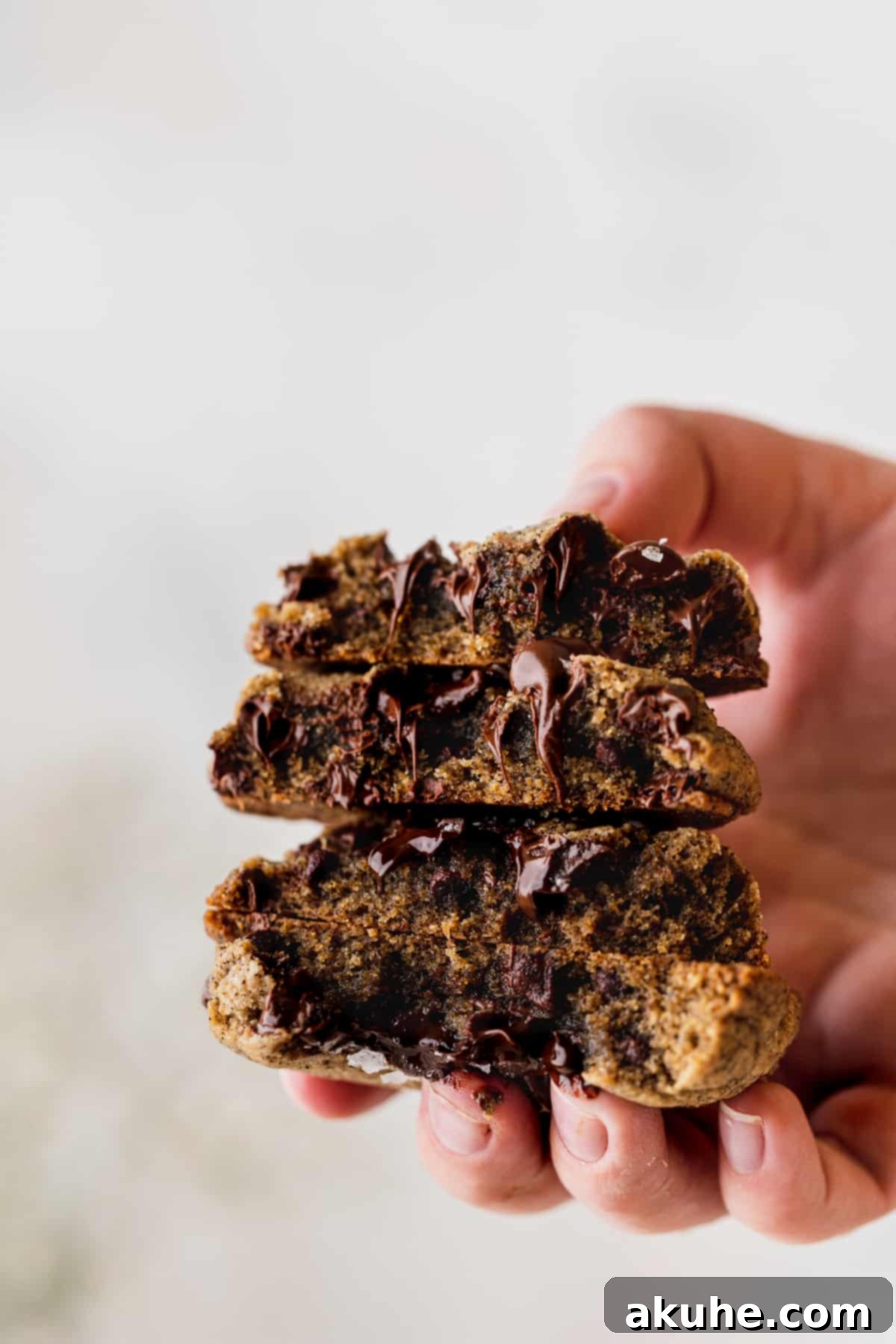 A stack of thick, chewy espresso cookies held mid-air, showcasing their rich color and chocolatey goodness.