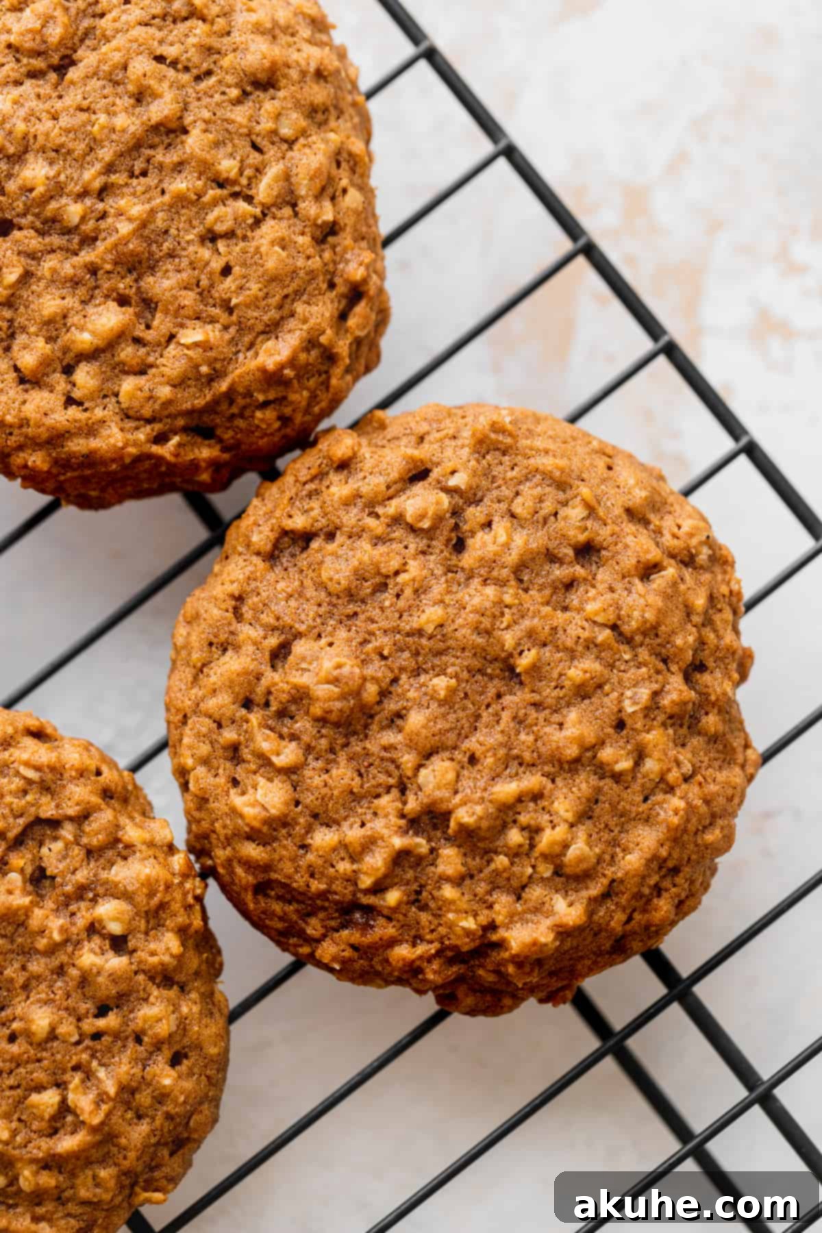 A freshly baked cookie cooling on a wire rack.