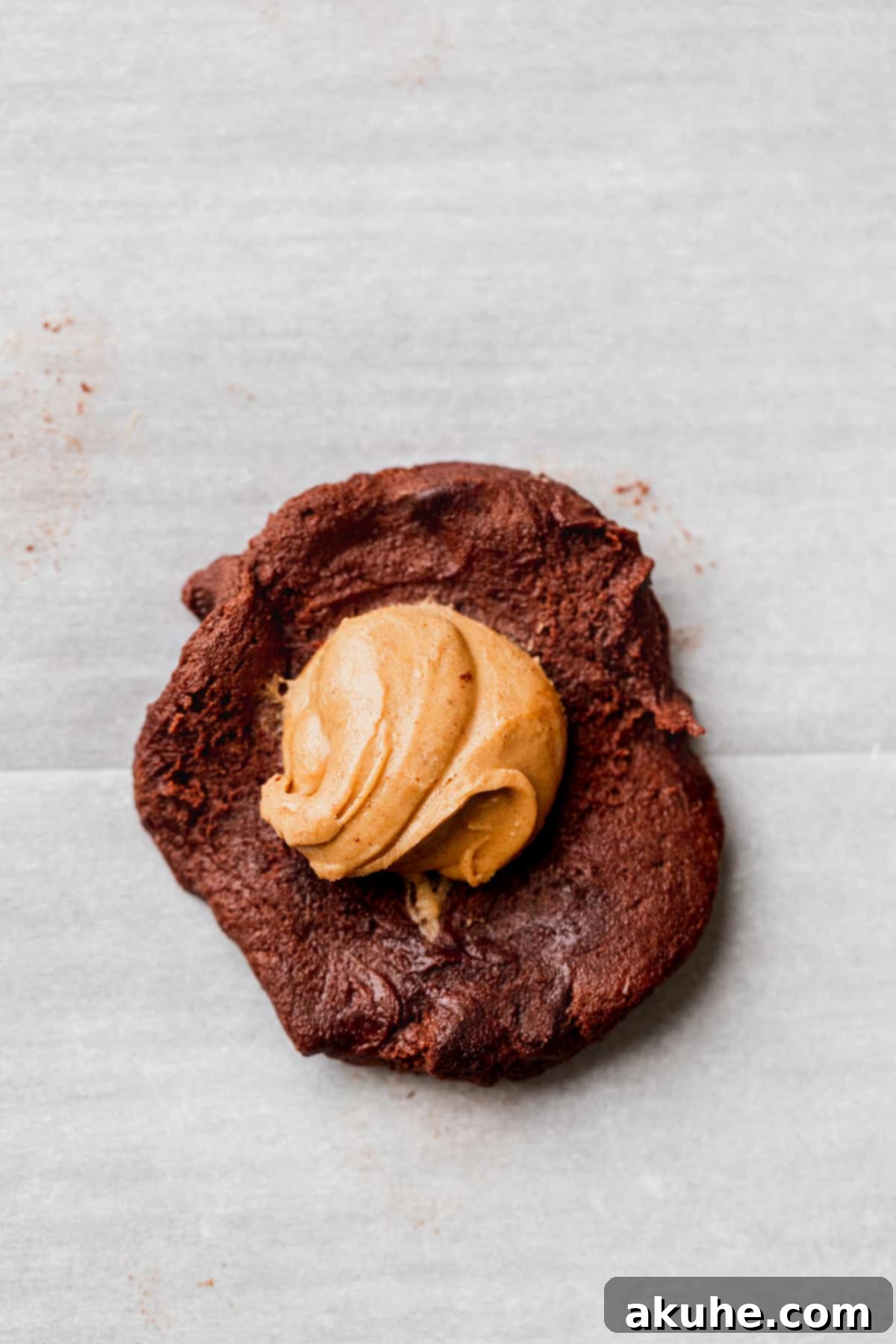 Peanut Butter Stuffed Chocolate Cookies 6 Peanut butter on top of cookie dough.