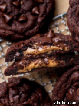 Peanut Butter Stuffed Chocolate Cookies 10 Chocolate peanut butter stuffed cookies on a wire rack.