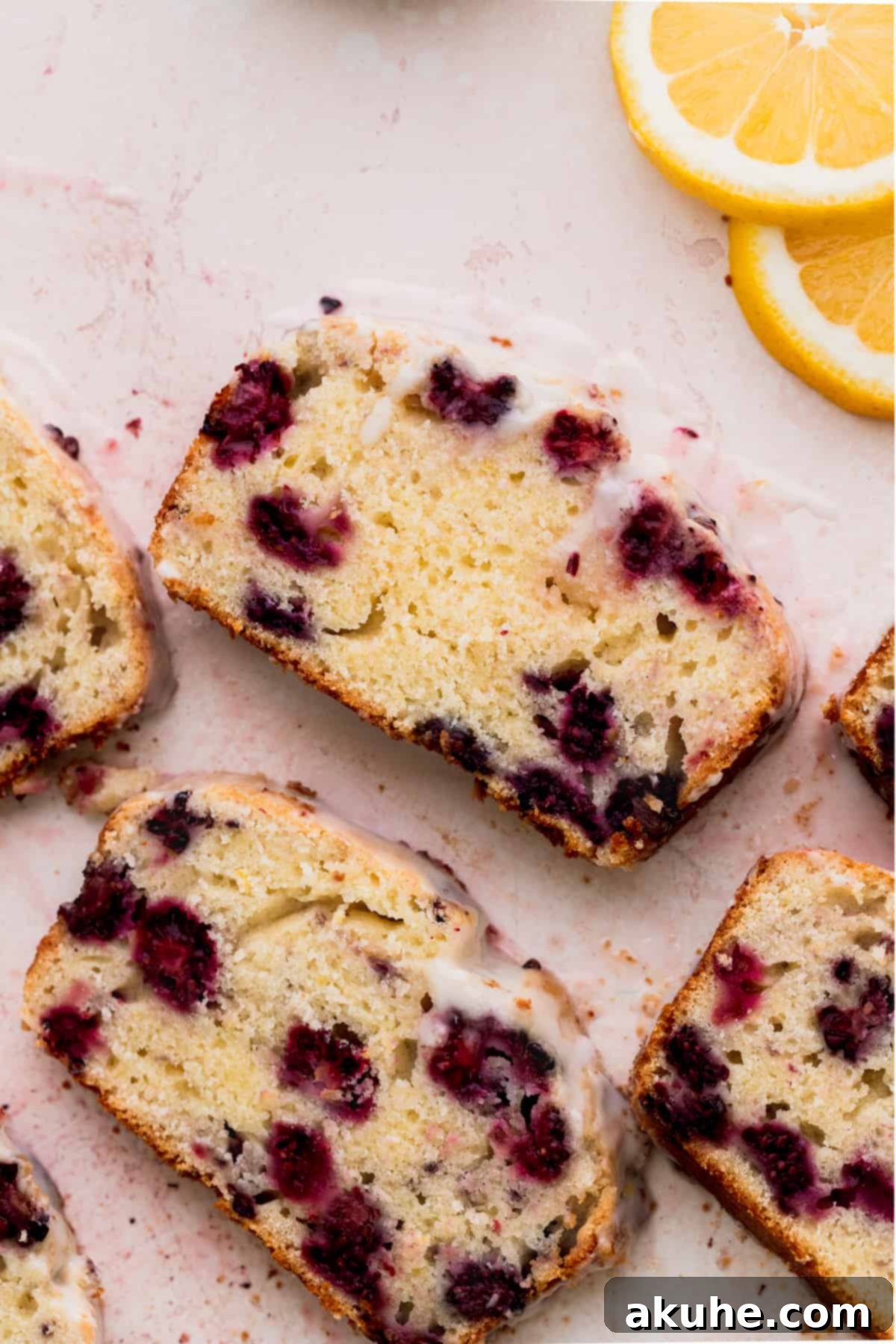 Zesty Blackberry Lemon Loaf 3 Top view of slices of blackberry lemon bread.