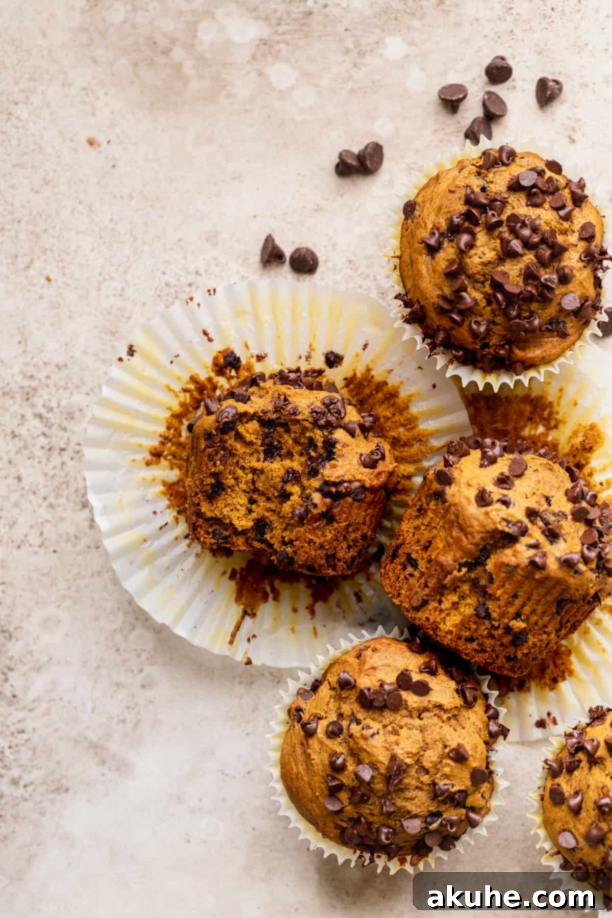 An assortment of pumpkin chocolate chip muffins, with one showing a bite missing to reveal its soft interior.