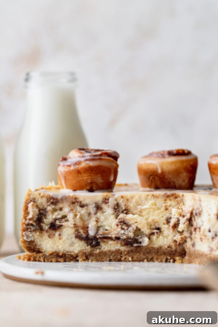Cinnamon Swirl Cheesecake 2 Side view of a perfectly baked Cinnamon Roll Cheesecake, showing its distinct layers and creamy texture.