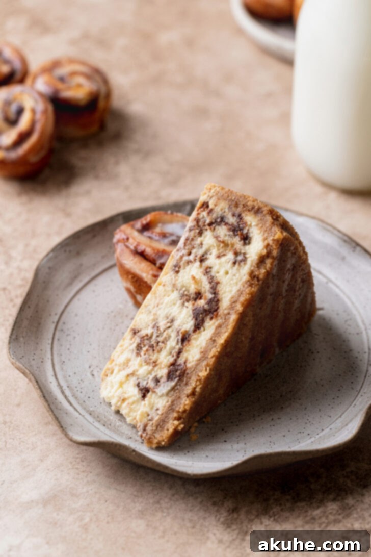 Cinnamon Swirl Cheesecake 11 A side view of a slice of Cinnamon Roll Cheesecake, showing its beautiful crumbly crust and creamy layers.