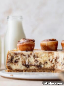 Cinnamon Swirl Cheesecake 12 Side view of cinnamon roll cheesecake.