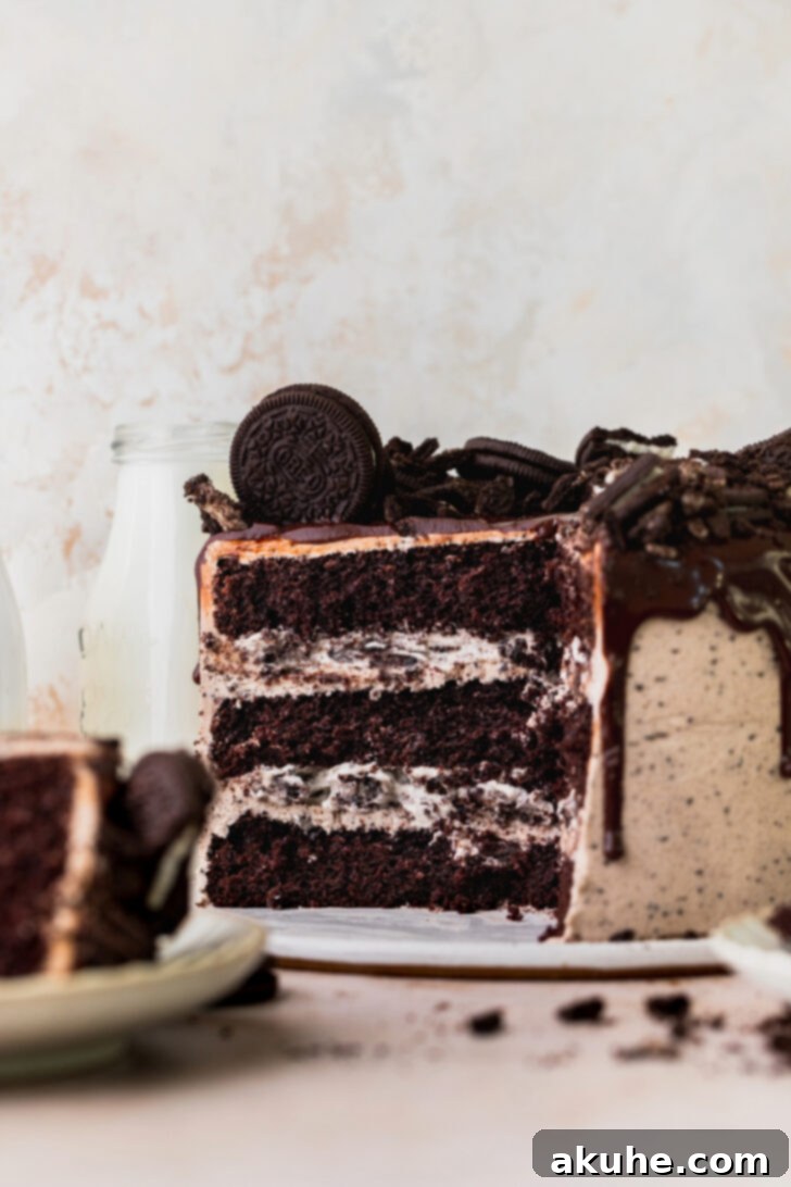 Decadent Oreo Dream Cake 2 Decadent slice of Oreo cake with rich chocolate layers, creamy Oreo filling, and chocolate drip