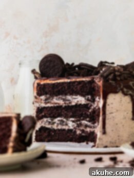 Decadent Oreo Dream Cake 12 Decadent Oreo cake split in half showing the inside layers.