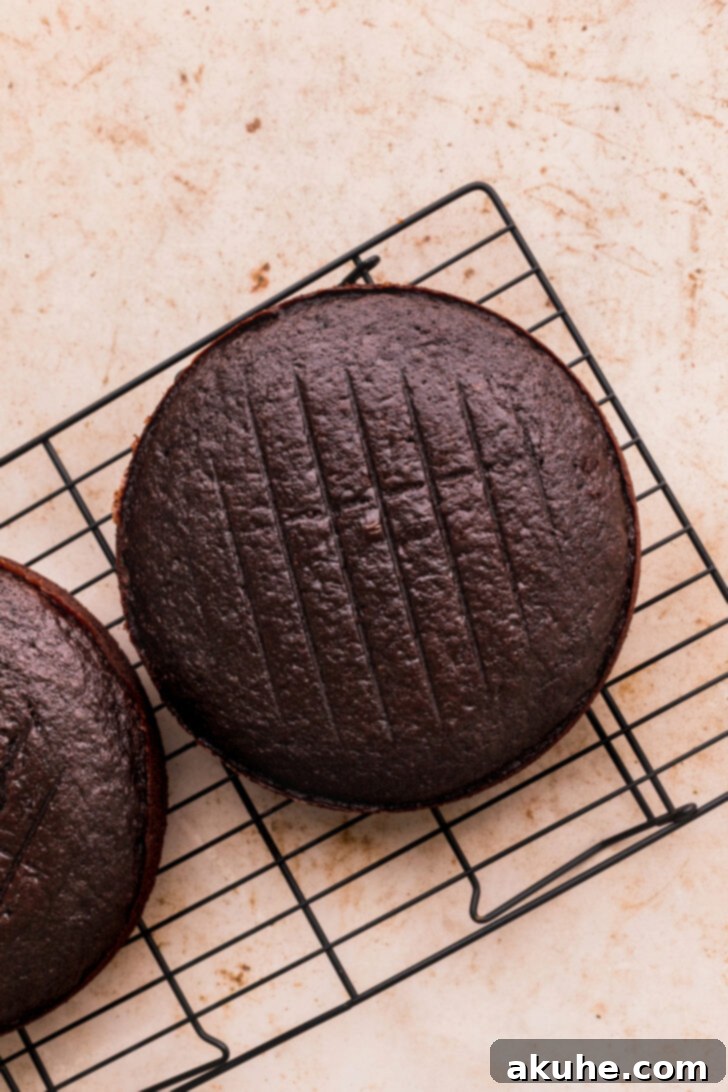 Decadent Oreo Dream Cake 5 Perfectly baked chocolate cake layer cooling on a wire rack, ready for leveling
