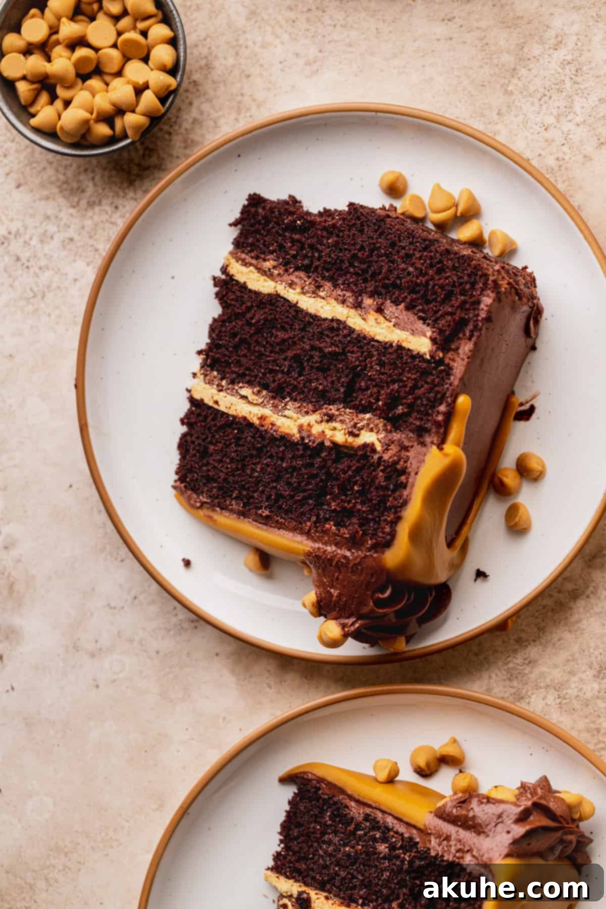 A delectable slice of Chocolate Butterscotch Cake showcasing its perfect layers and rich textures on a plate.