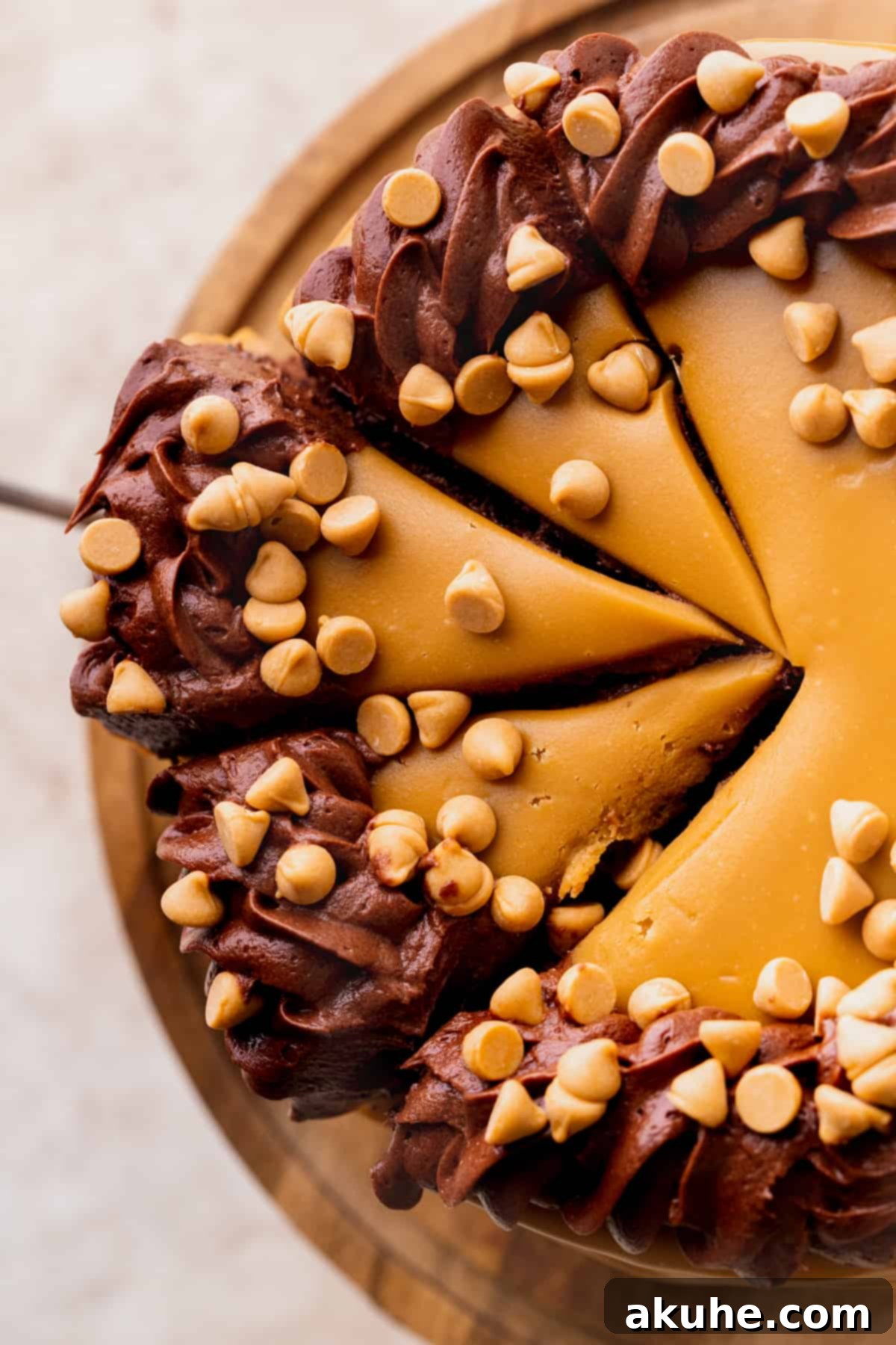 A stunning top-down view of the Chocolate Butterscotch Cake, showcasing the elegant drip and inviting slices.