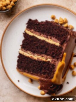 Chocolate butterscotch cake slice on a plate, with a crumb visible
