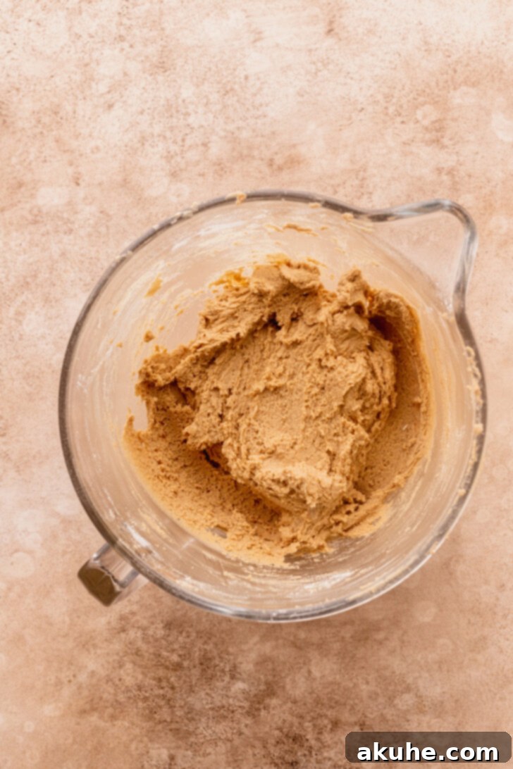 Churro Cookie Delights 5 Thick cookie dough in a mixing bowl after dry ingredients have been added.