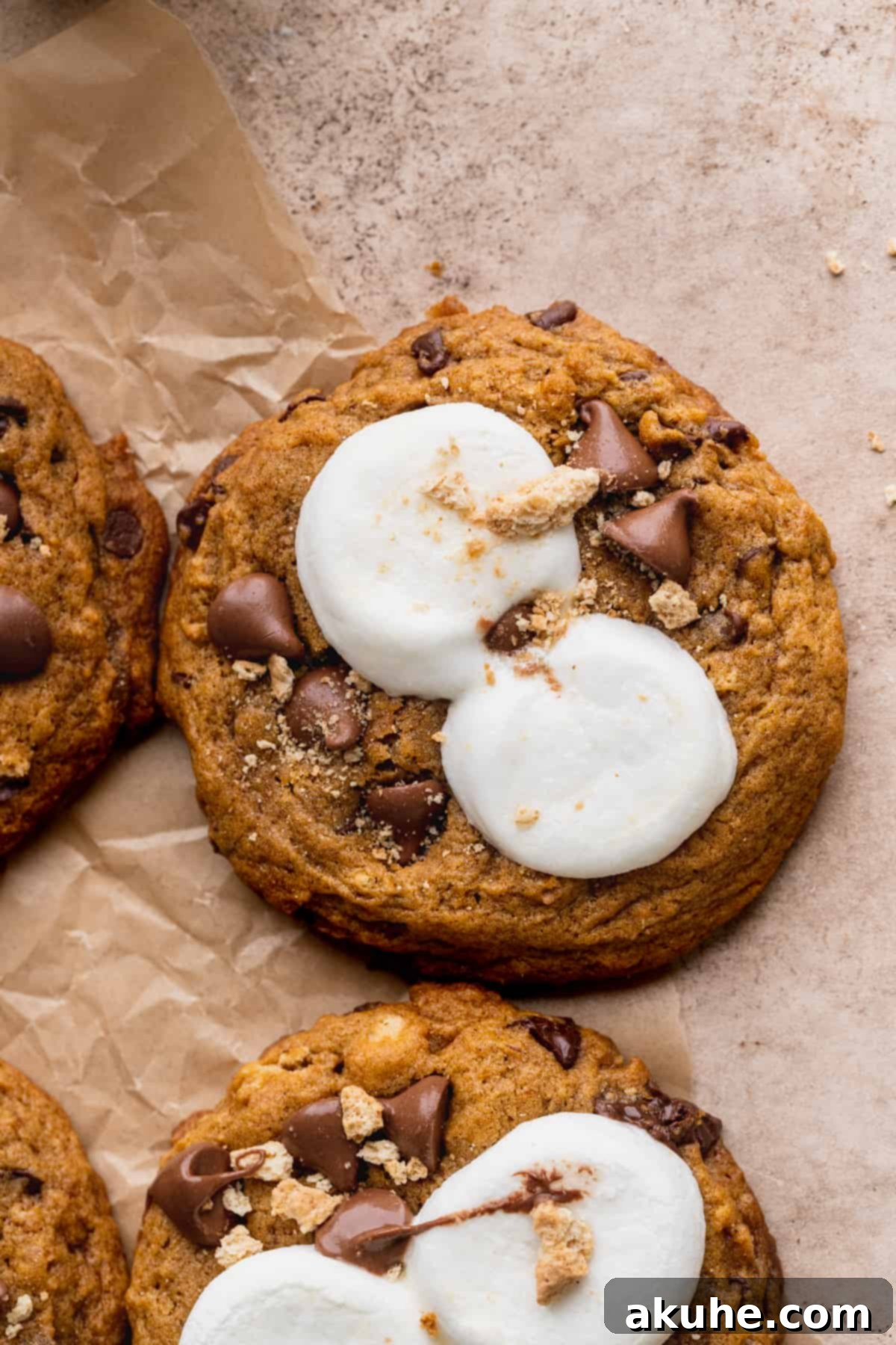 Pumpkin S'mores Cookies 8 Close-up of baked pumpkin s'mores cookies with graham cracker crumbs and melted marshmallows.