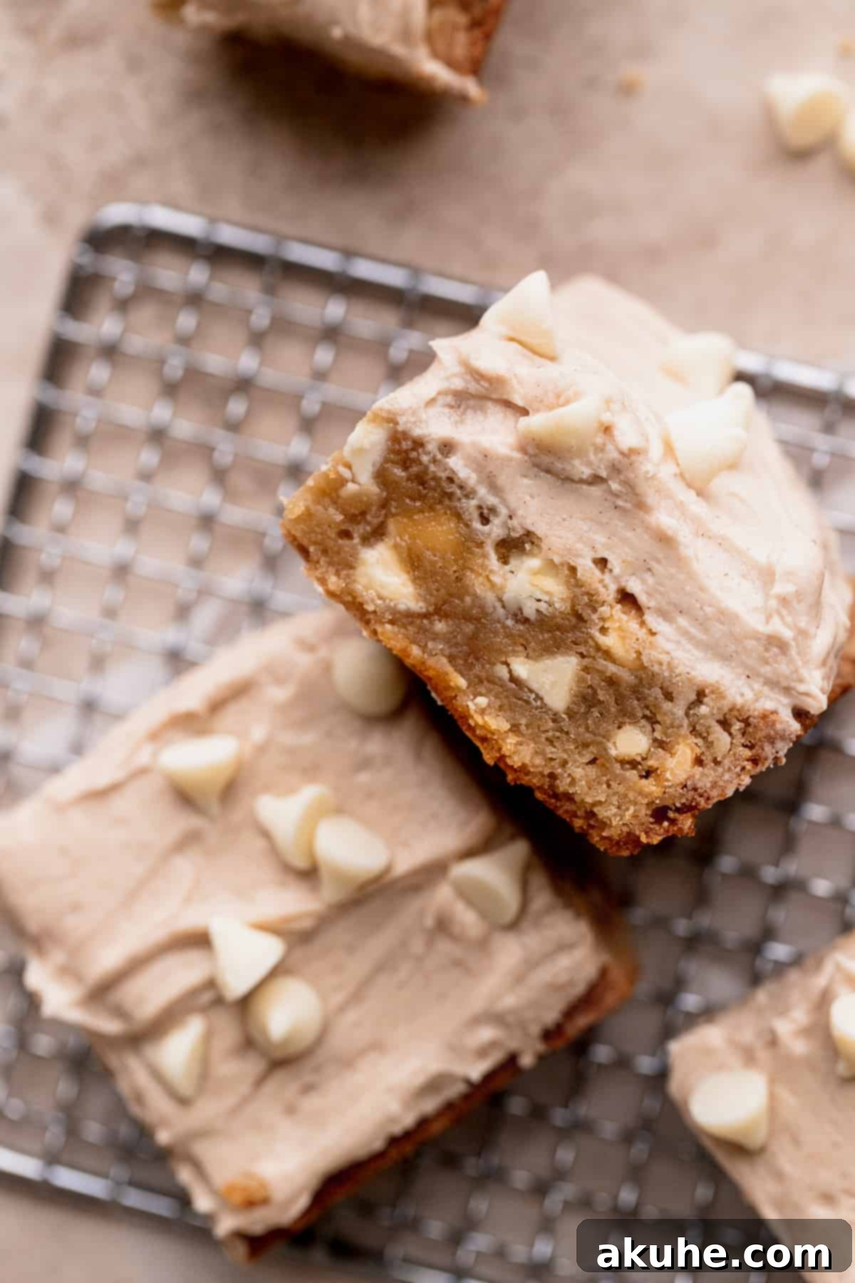 White Chocolate Cinnamon Blondies cooling on a wire rack.