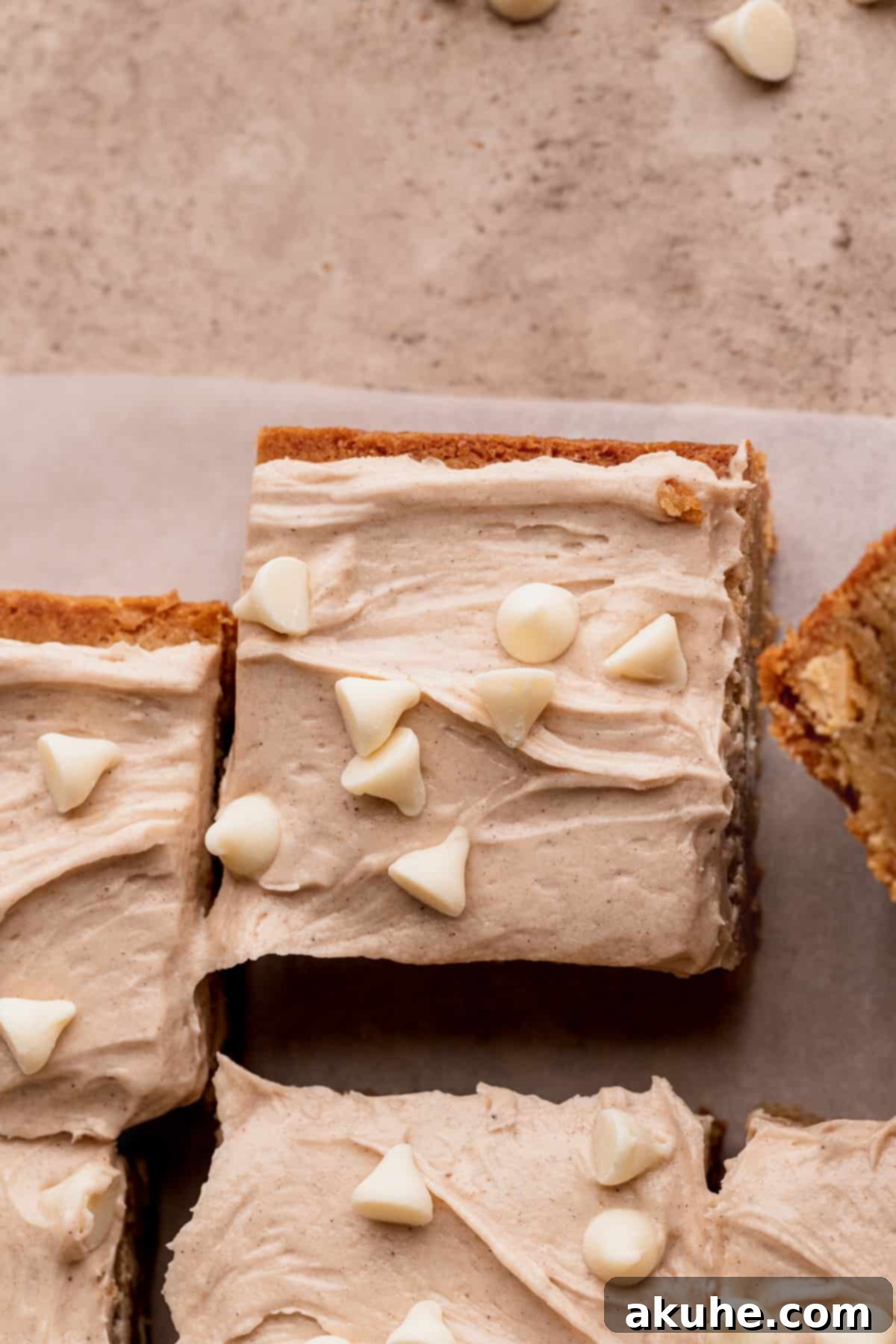 Close-up top view of the luscious White Chocolate Cinnamon Blondies.