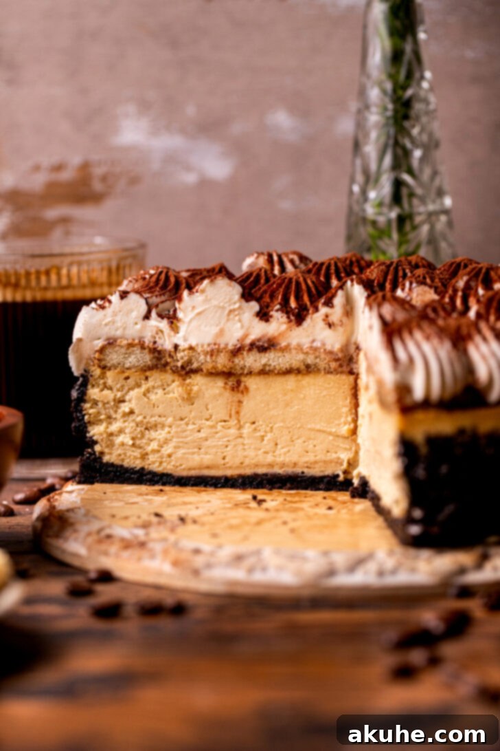 Mascarpone Mocha Cheesecake 3 Side view of a whole tiramisu cheesecake, showcasing its elegant layers.