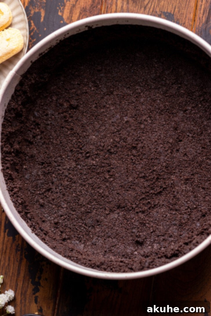 Mascarpone Mocha Cheesecake 4 Oreo crust pressed firmly into a springform pan, extending halfway up the sides.