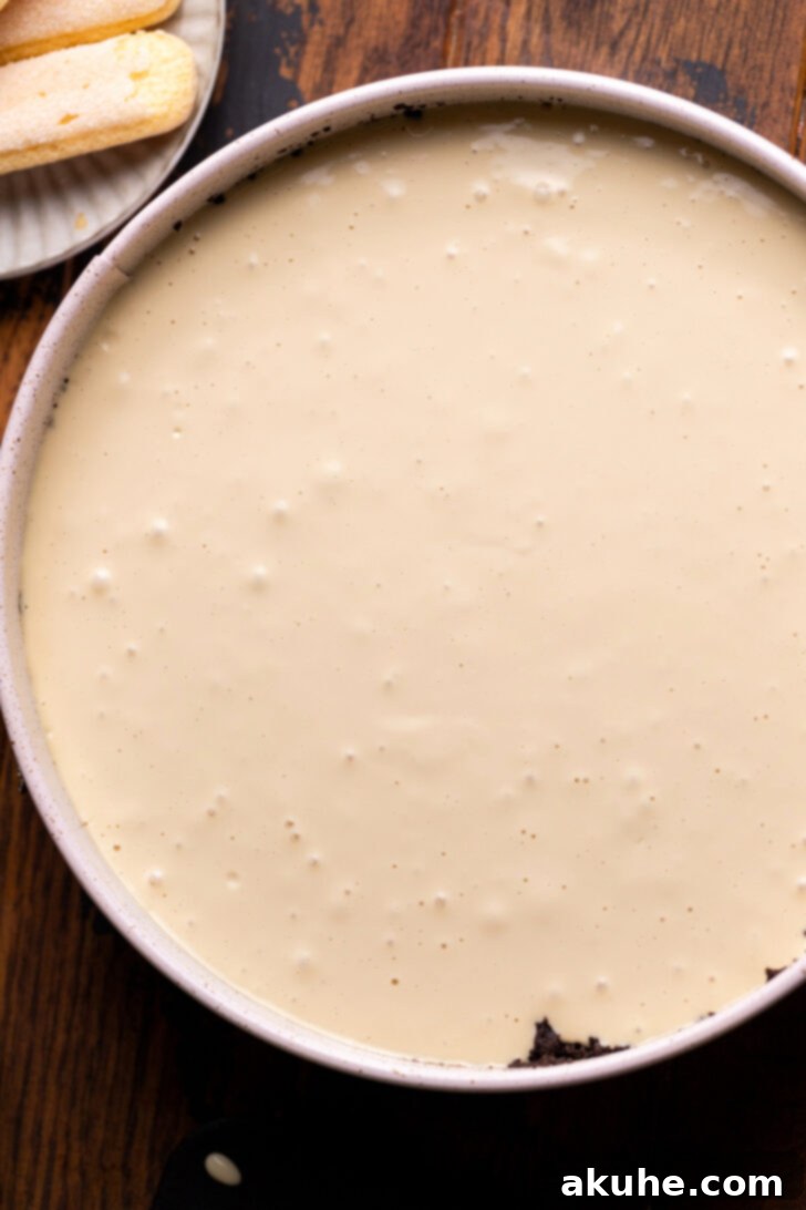 Mascarpone Mocha Cheesecake 6 Espresso cheesecake batter carefully poured over the prepared Oreo crust in a springform pan.