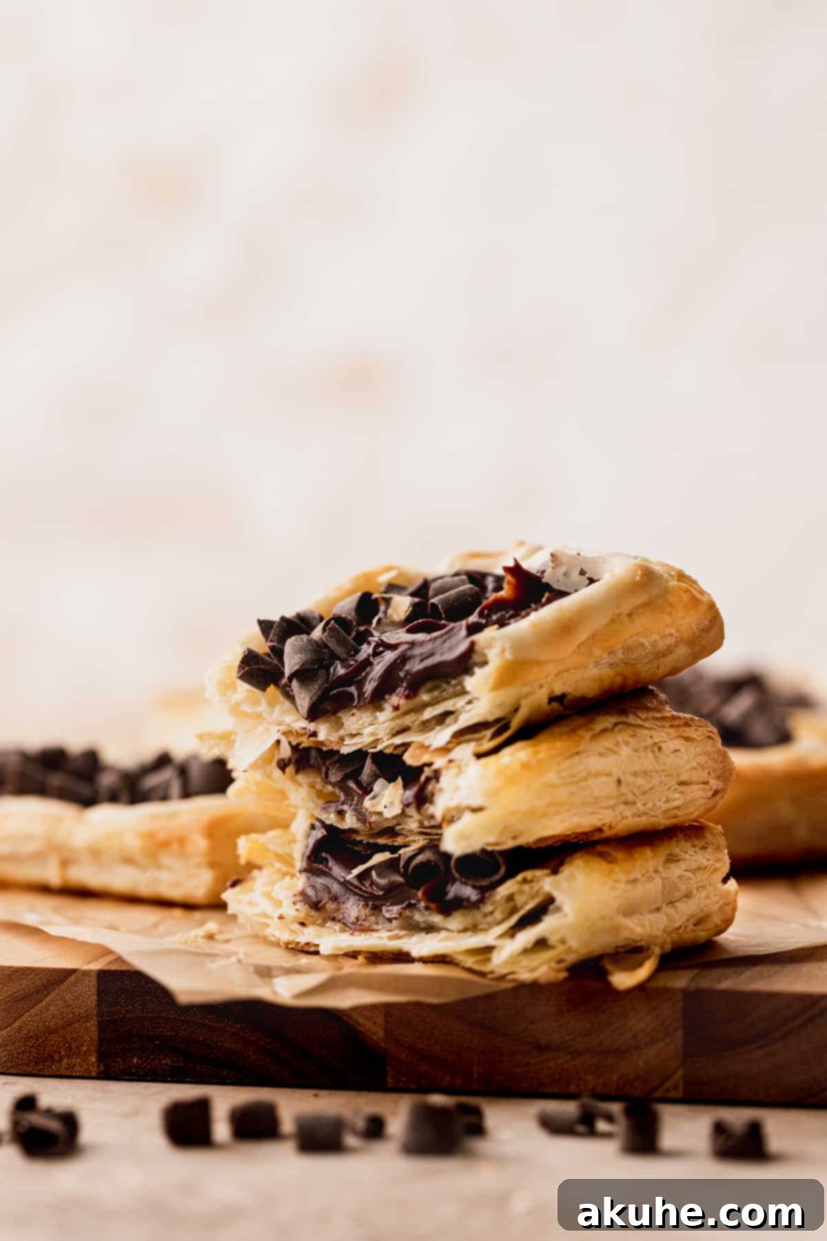 Indulgent Chocolate Cream Cheese Danish 9 Stack of chocolate cream cheese danishs spilit in half.