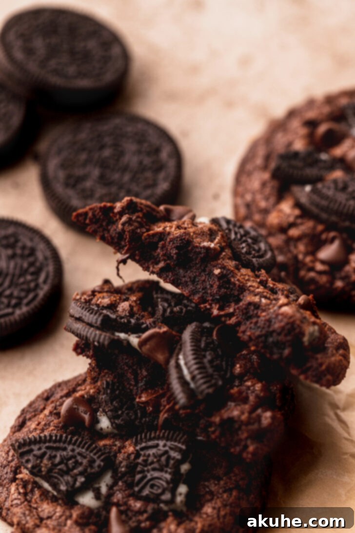 Decadent Oreo Brownie Cookies 11 A perfectly baked Oreo brownie cookie sliced in half, revealing its dense, fudgy interior filled with chocolate chips and Oreo pieces.