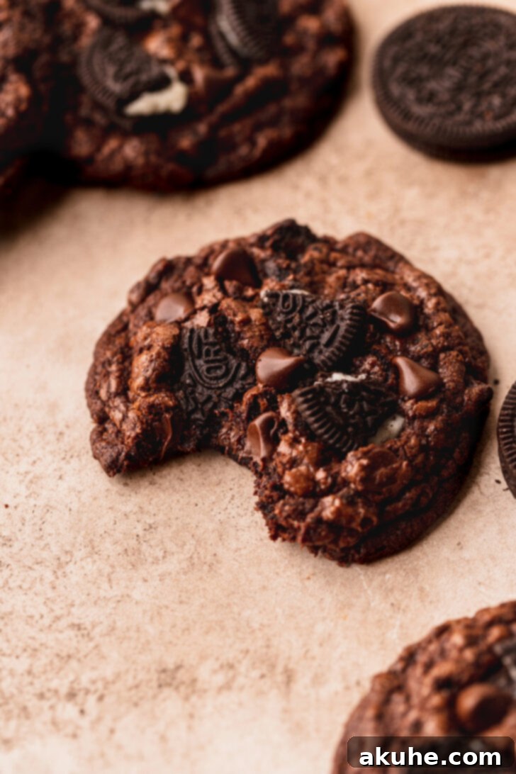 Decadent Oreo Brownie Cookies 3 A close-up shot of an Oreo brownie cookie with a bite taken out, revealing its soft, fudgy interior and embedded chocolate and Oreo chunks.