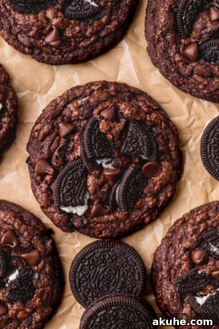 Decadent Oreo Brownie Cookies 8 Warm, freshly baked Oreo brownie cookies topped with additional Oreo pieces, adding visual appeal and extra crunch.