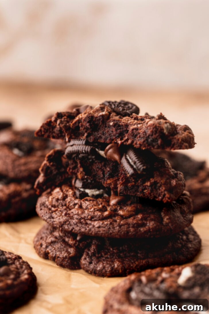 Decadent Oreo Brownie Cookies 10 A stack of three Oreo brownie cookies, showing their thick, chewy profile and abundant chocolate and Oreo inclusions.