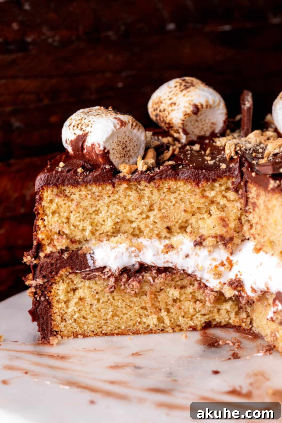 Ultimate Smores Cake 2 Decorated s'mores cake cut in half, revealing the layers of graham cracker cake, chocolate frosting, and marshmallow filling.