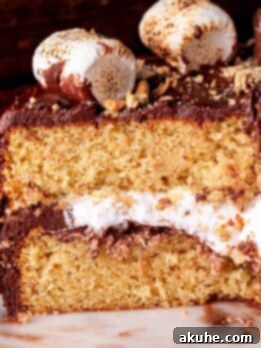 Ultimate Smores Cake 13 Decorated s'mores cake cut in half.