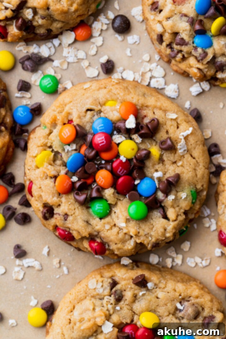 Kitchen Sink Cookies 2 Top view of freshly baked monster cookies on a cooling rack, showcasing their vibrant colors and perfect round shape.
