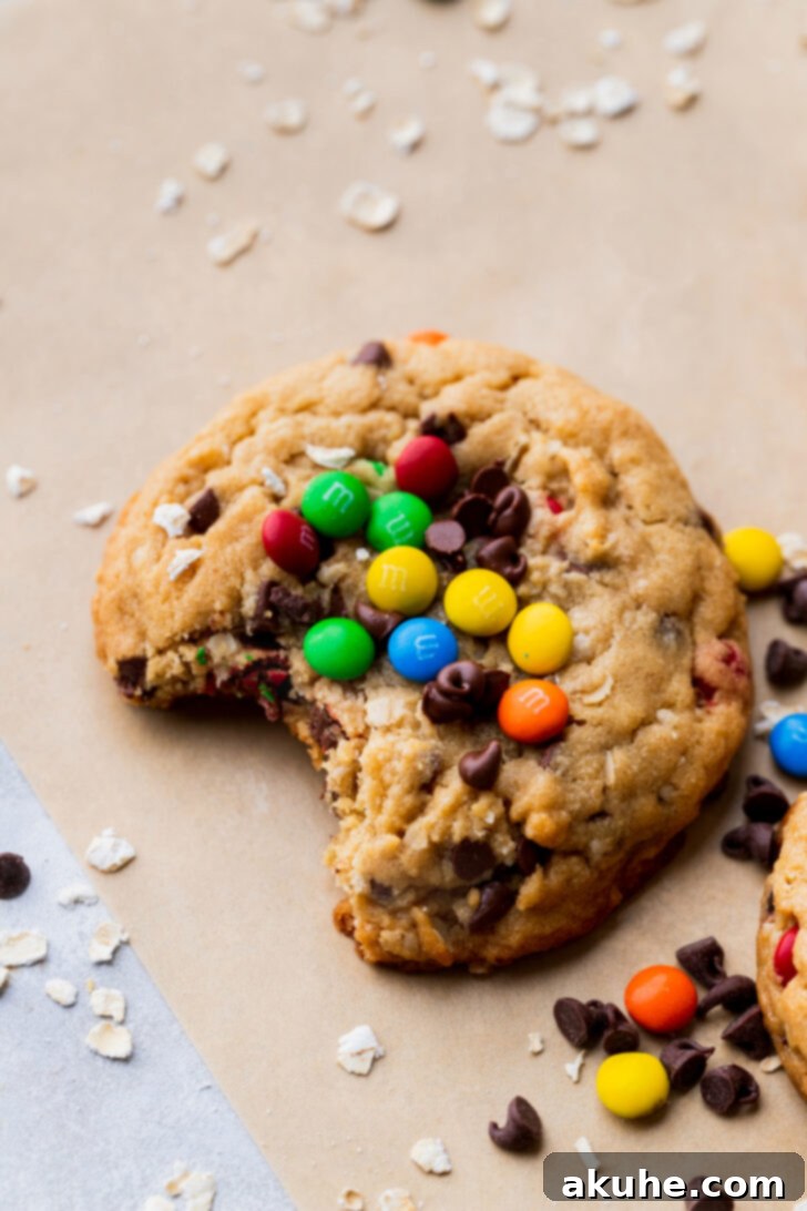 Kitchen Sink Cookies 3 A monster cookie with a bite taken out, revealing its soft, rich interior filled with chips and M&Ms.