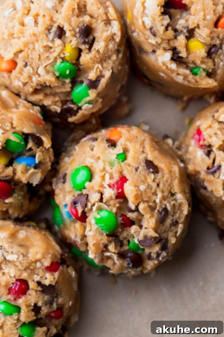 Kitchen Sink Cookies 7 Scooped cookie dough balls arranged evenly on a parchment-lined baking sheet, ready for the oven.