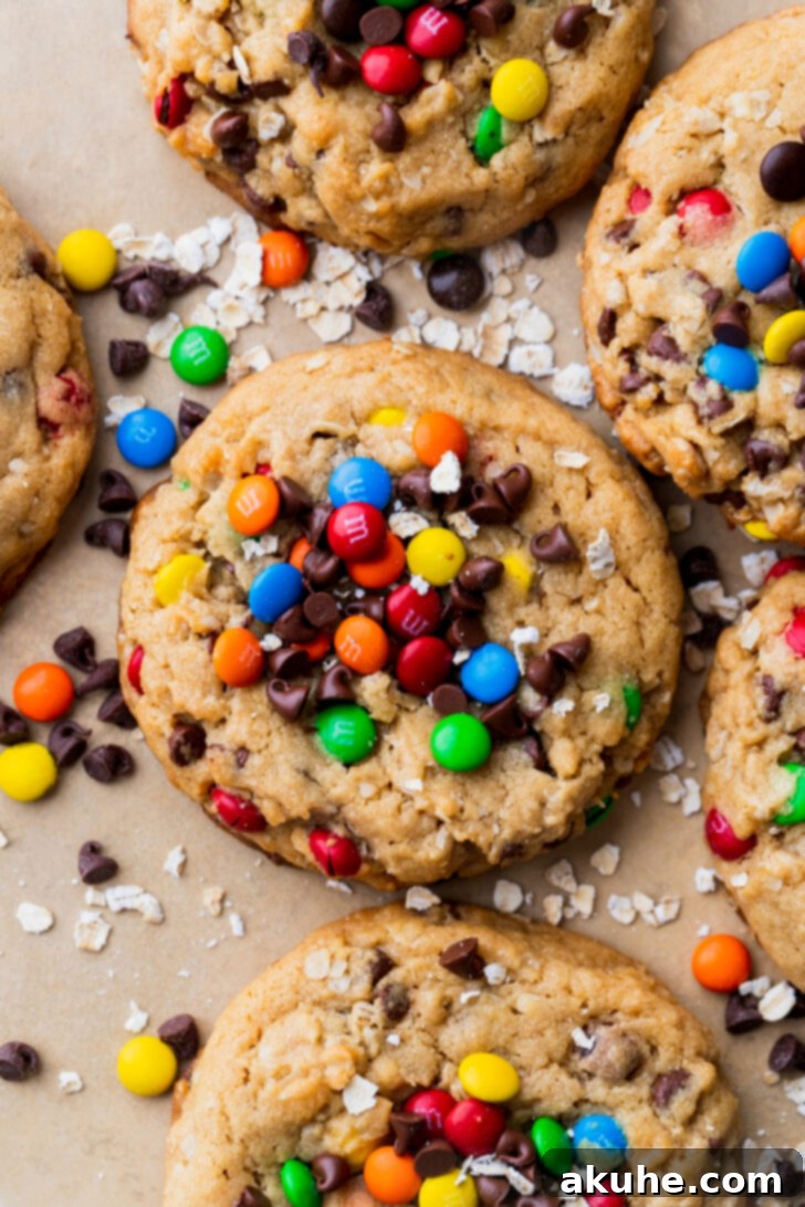 Kitchen Sink Cookies 8 A tray of freshly baked monster cookies, golden brown with visible M&Ms and chocolate chips, cooling on a rack.