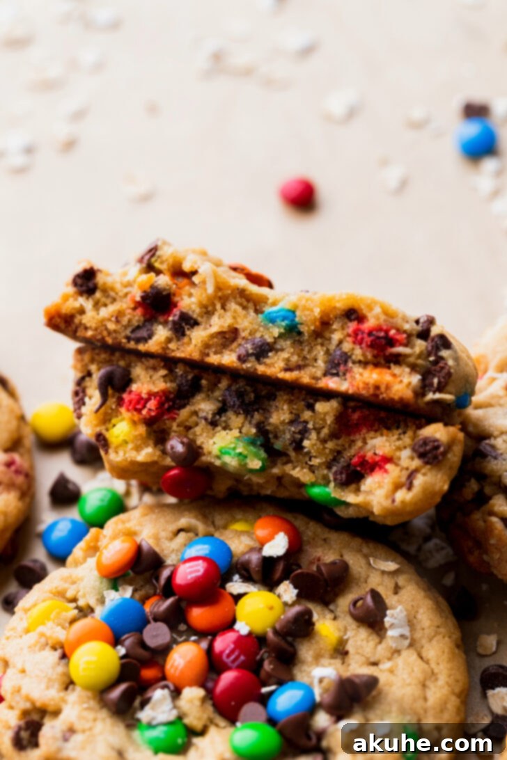Kitchen Sink Cookies 9 A monster cookie expertly split in half, showcasing its dense, chewy interior and the generous distribution of colorful M&Ms and chocolate chips.