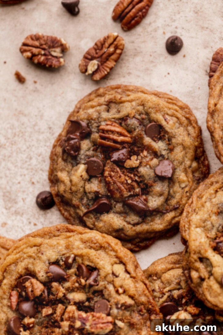 Toasted Pecan Chocolate Chip Delights 2 Top view of a single perfectly baked cinnamon pecan chocolate chip cookie, showcasing its golden edges and melted chocolate chips.