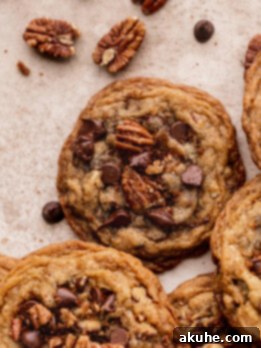 Toasted Pecan Chocolate Chip Delights 11 Top view of a single pecan chocolate chip cookie, perfectly golden brown with visible chocolate and pecan chunks.