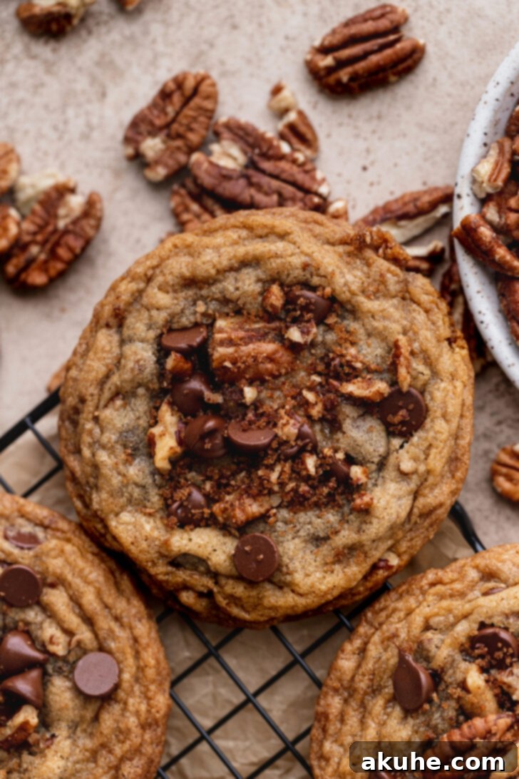 Toasted Pecan Chocolate Chip Delights 3 Close-up top view of a freshly baked cookie with visible chocolate chips and pecan pieces.