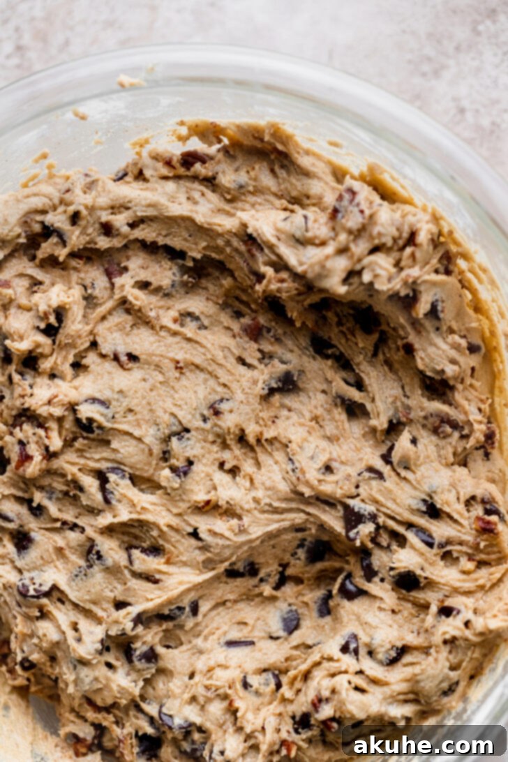 Toasted Pecan Chocolate Chip Delights 7 Cookie dough with chocolate chips and roasted pecans being folded in.