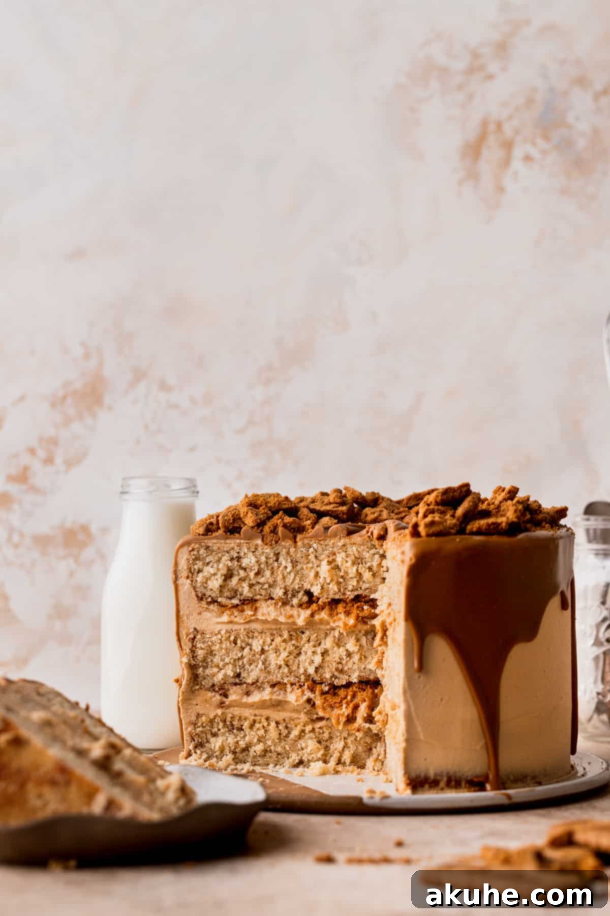 A slice of Biscoff layered cake revealing its three delicious layers, creamy filling, and cookie crumbs.