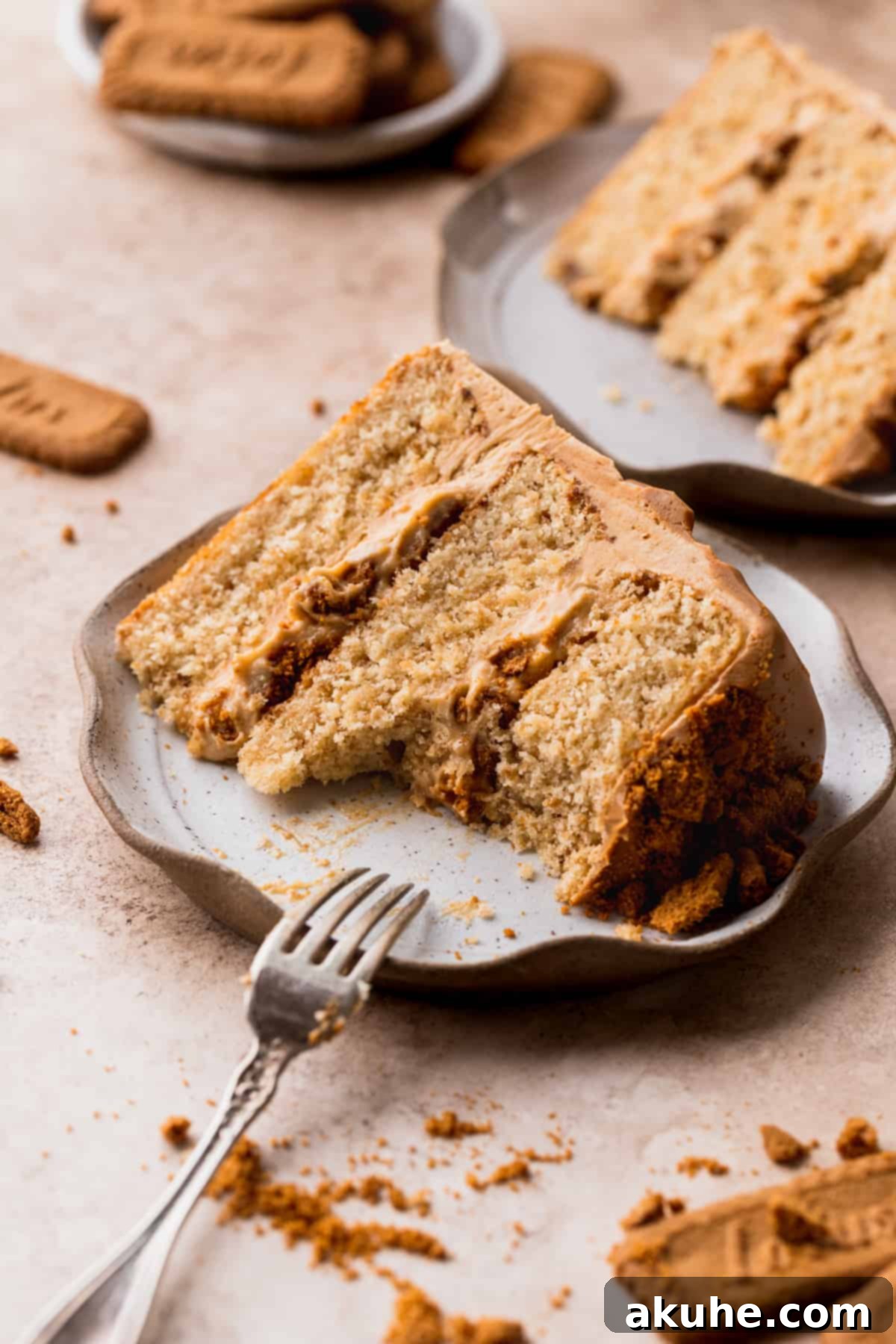 A slice of Biscoff cake with a bite taken out, showing the perfect texture and layers, inviting indulgence.