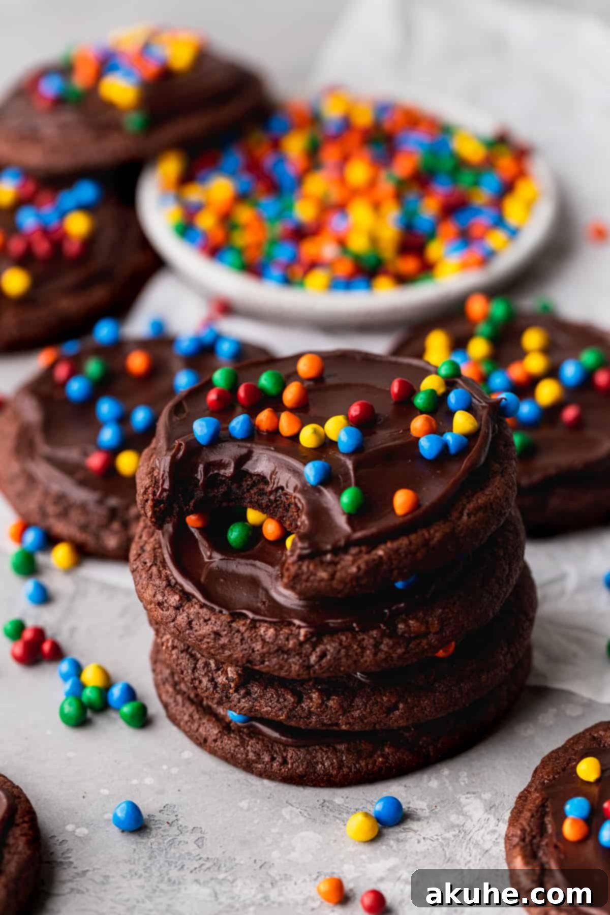 Deep Space Fudge Cookies 12 A neat stack of several Cosmic Brownie Cookies, showing off their generous ganache topping and colorful sprinkles, ready to be enjoyed.