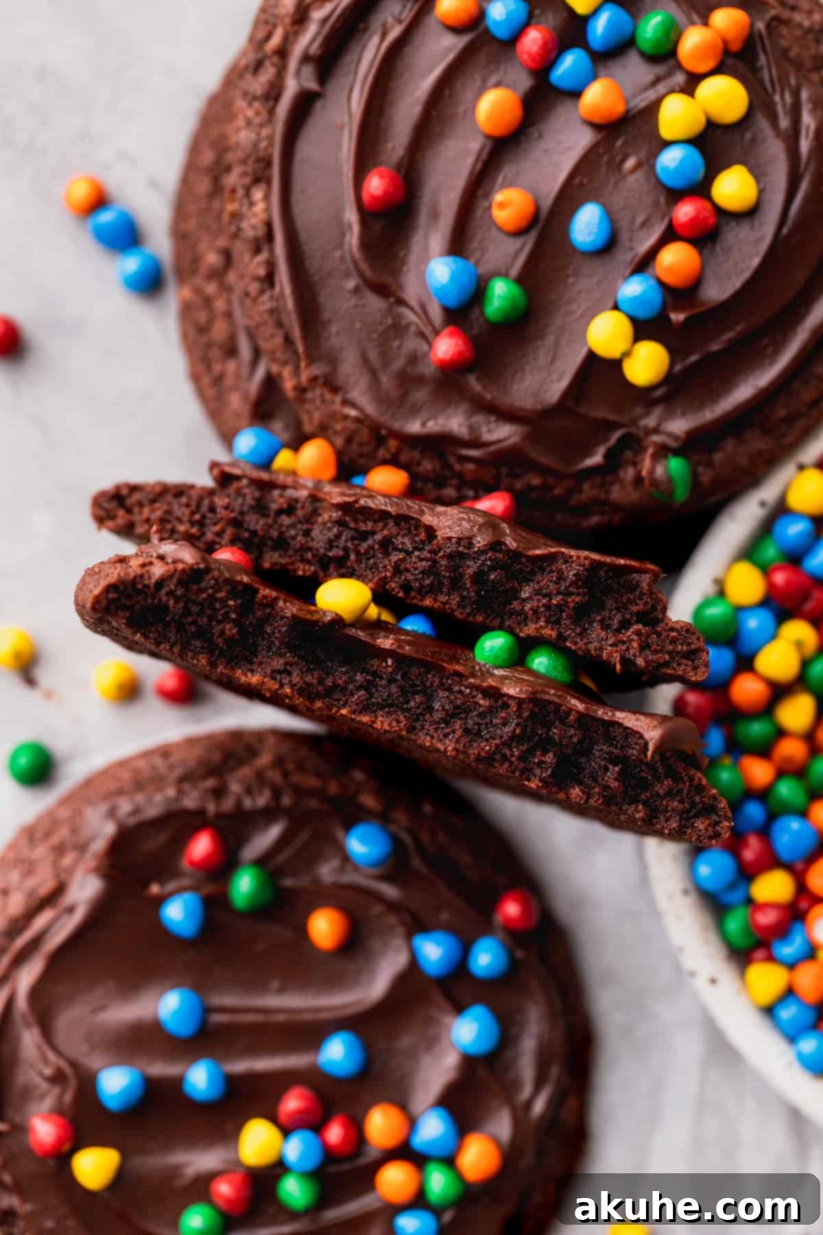 Deep Space Fudge Cookies 13 A close-up view of a Cosmic Brownie Cookie cut in half, showcasing its dense, fudgy, and moist chocolate interior.