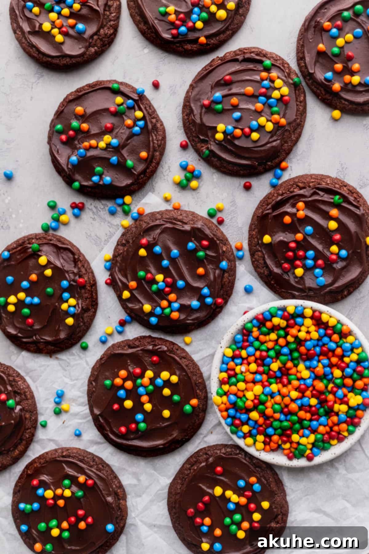 Deep Space Fudge Cookies 3 A collection of freshly baked Cosmic Brownie Cookies cooling on parchment paper, adorned with vibrant rainbow candies.