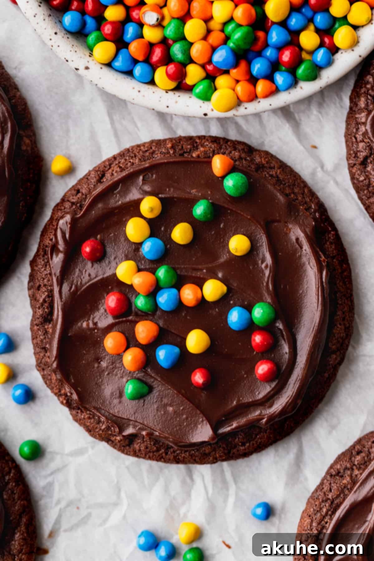 Deep Space Fudge Cookies 10 A close-up of a finished Cosmic Brownie Cookie, showcasing the smooth chocolate ganache and colorful rainbow candies.