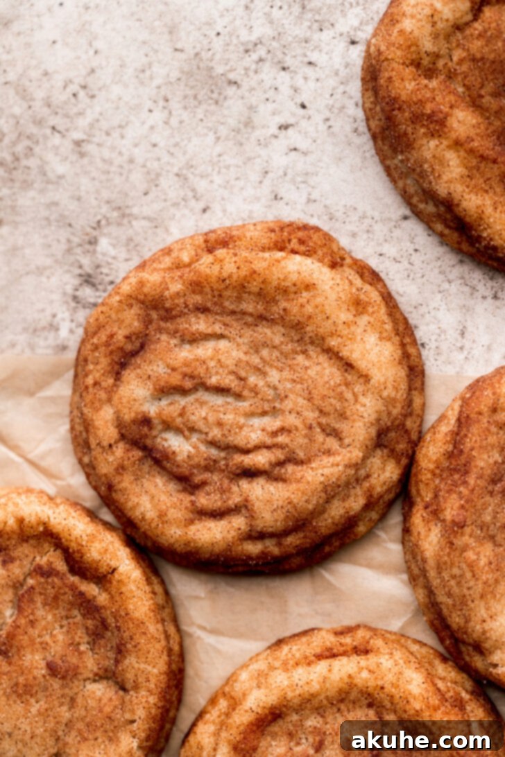 Top view of perfectly baked brown butter snickerdoodle cookies, ready to be enjoyed.